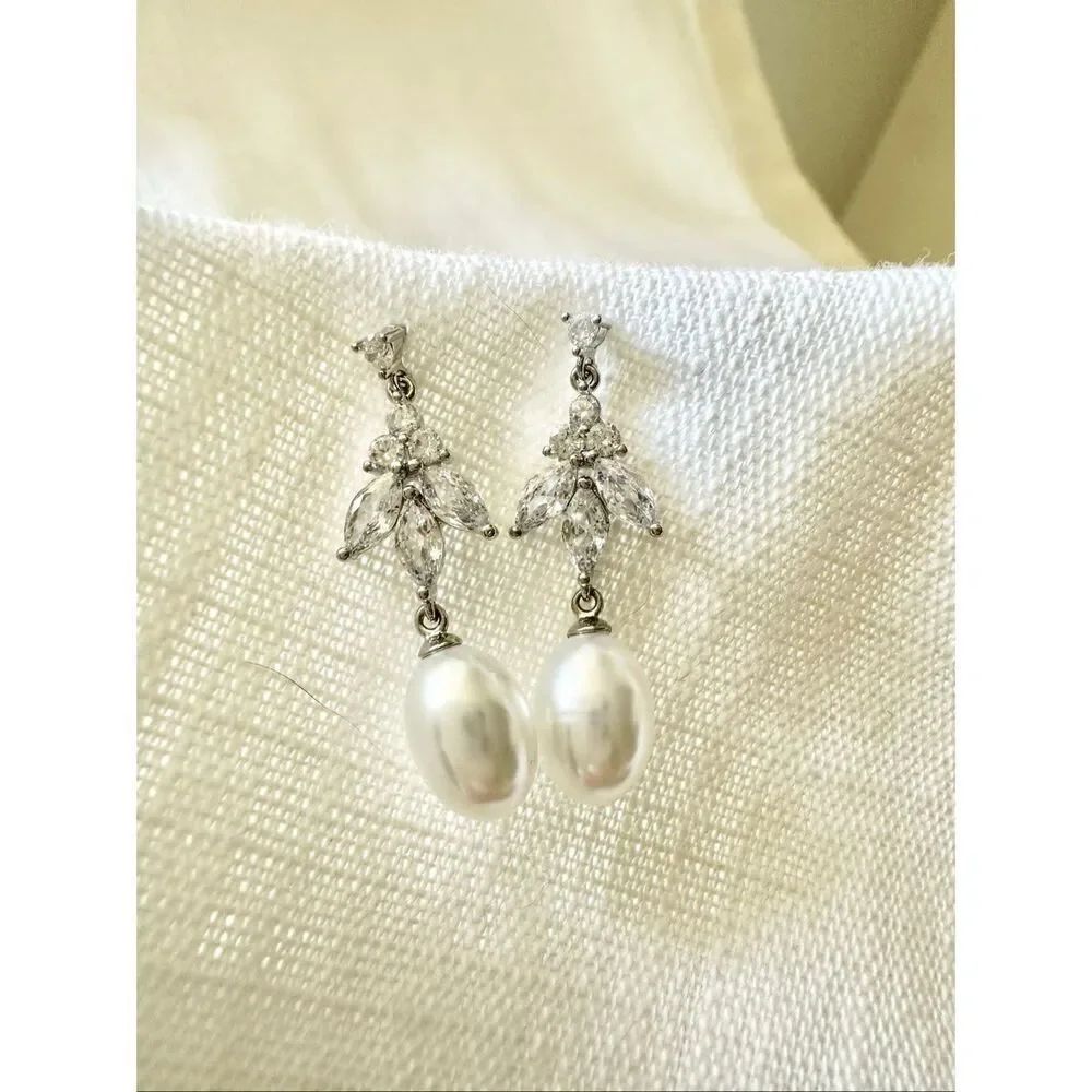 Dainty cubic zirconia faux pearl dangle earrings